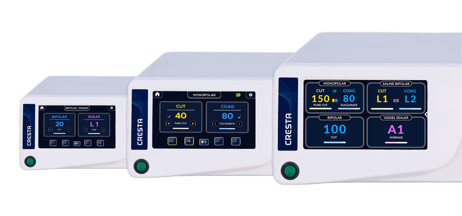 Cresta Touch Series electrosurgical units showing touchscreen interfaces for monopolar, bipolar, saline bipolar, and vessel sealer modes